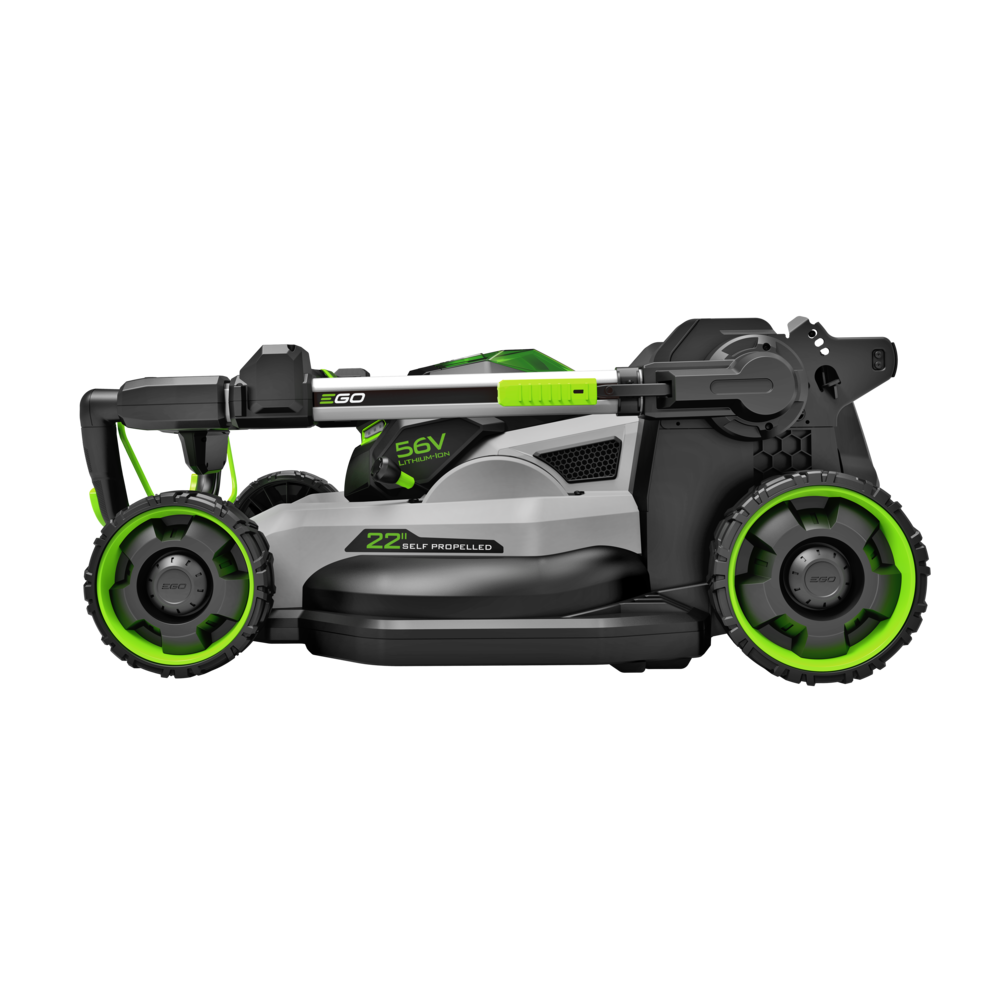 EGO Power+ LM2236SP battery-powered lawn mower folded for storage